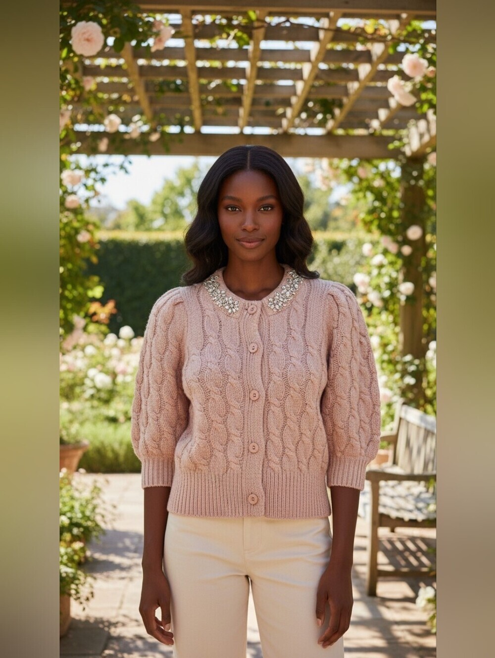 CeCe Cable Knit Puff Sleeve Cardigan Rhinestone Collar Tan Blush Small Cropped
